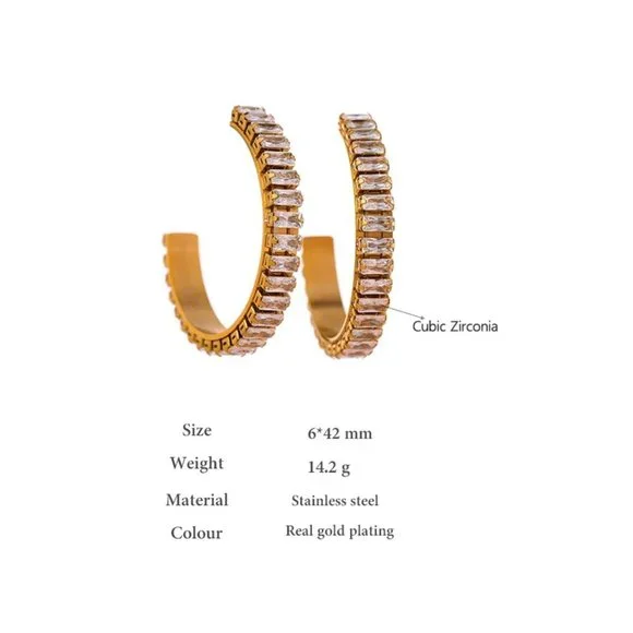 NEW 18K Gold Plated Baguette Diamond Round Hoop Earrings - Picture 9 of 9